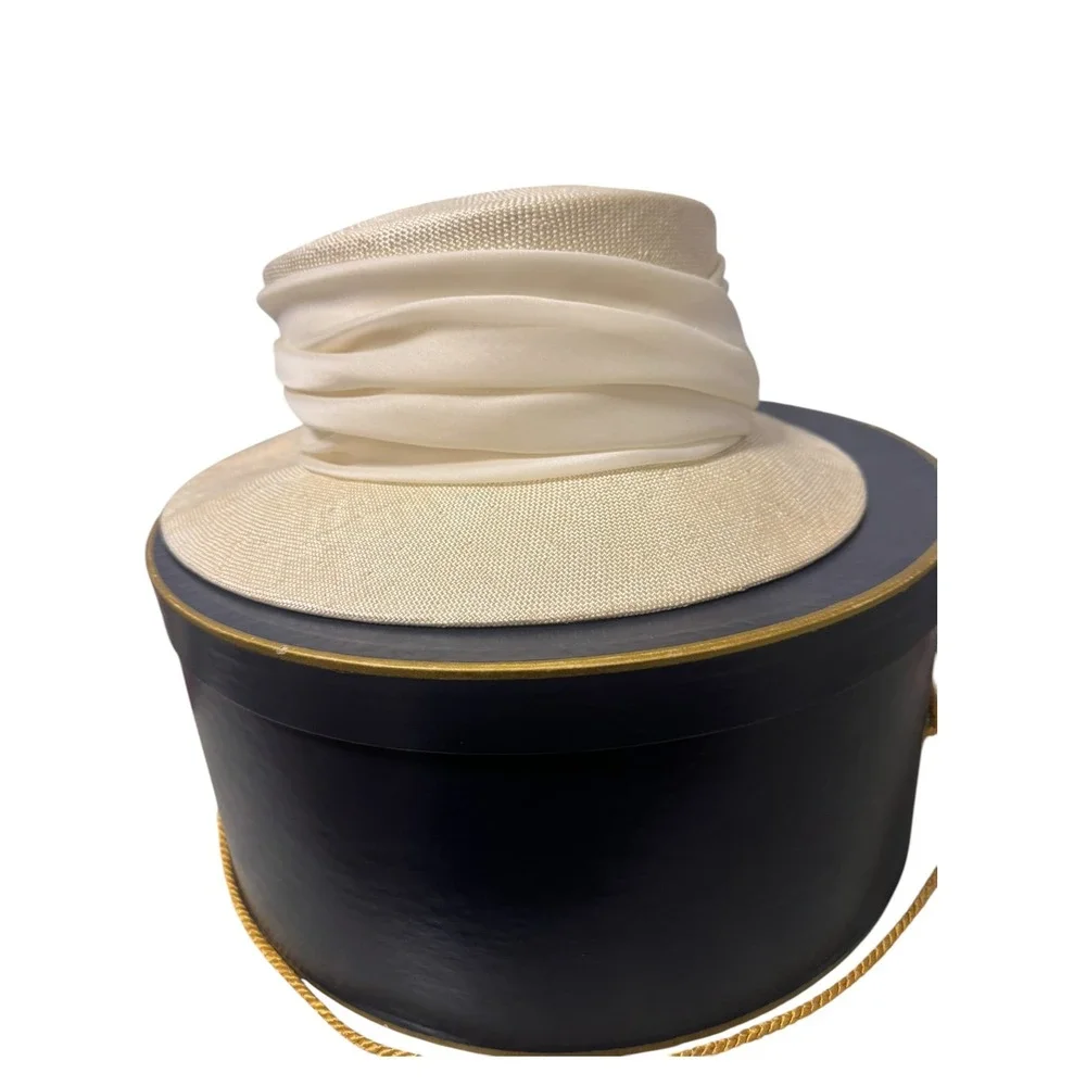 Suzanne Couture Millinery NYC VTG Cream Straw Boater Hat Wide Brim original box